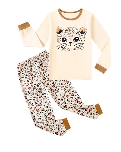 CARETOO Girls Cat Pajamas 2 Piece PJs Little Girls Pajama Set Kids Sleepwear Comfy Loungewear Beige Cat 9-10 Years