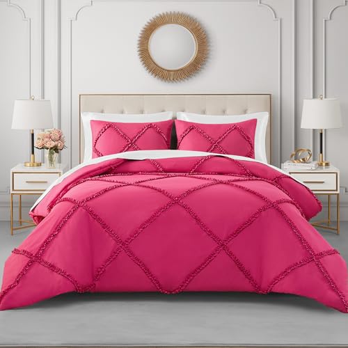 Image of Juicy Couture Diamond King Comforter Set - Ruffle 3-Piece Machine Washable Reversible Bedding Comforter Set, Hot Pink