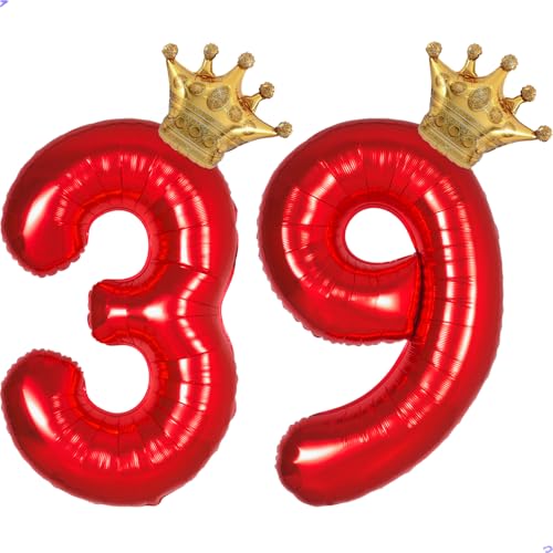 Red 39 Balloon Numbers 40 Inch Giant 39th Birthday Balloons, Helium Mylar Foil Number 39 Balloons for Red and Gold 39th Birthday Party Decorations Supplies for Girls Boys, Crown Balloons