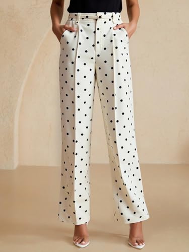 Women's Polka Dots Wide Leg Tailored Pants High Waisted Belted Loose Trousers with Pockets4