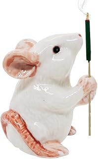 Tiny 1¾" White Sitting Rat Mouse Incense Holder - Ceramic Incense Stick Burner Clay Tray Porcelain Miniature Handmade Animals Decorative Figurine Cute Mini Colorful Décor Gifts