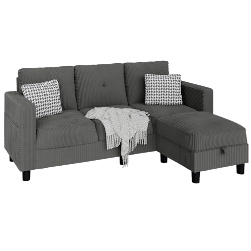 JAMFLY Convertible Sectional Couches for Living Room, L-Shaped Couch 3 Seat Sectional Sofa Set with Corduroy Fabric and Movable Ottoman Small Couch for Apartments, Office(Dark Grey)