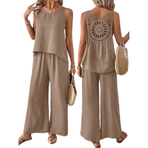 La mejor selección de Mujer Elegante los 5 más buscados. 47 Conjunto de 2 Piezas con Encaje Perforado Chaleco Holgado y Pantalones Palazzo Elegantes para Mujer (Caqui,XL)