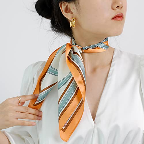 Mokoomiss 100% Pure Mulberry Silk Square Scarf For Hair-21''X21''- Women Men Natural Silk Neckerchief Digital Printed Headscarf 06B, 06B Chain Orange #TOP1