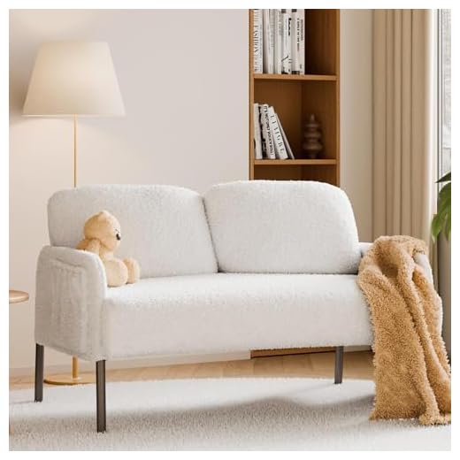 Mondeer Canapé 2 Places, Canapé en Tissu Bouclette avec 2 Pochettes et Pieds Métal Style Scandinave, pour Salon Chambre, 122 x 76 x 75 cm, Blanc