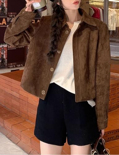 IDEALSANXUN Cropped Suede Jacket Women Fall Winter Casual Vintage Leather Aviator Jackets Outerwear2