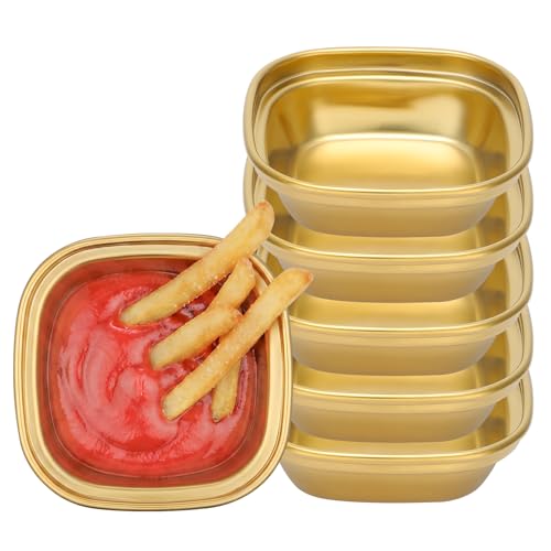 Offiper 304(18/8) Stainless Steel Dipping Bowls, 6 Pack Square Sauce Trays Condiment Plates for Banchan, Soy Sauce, Dip, Side Dishes, Reusable Metal Gold Containers Oven Safe