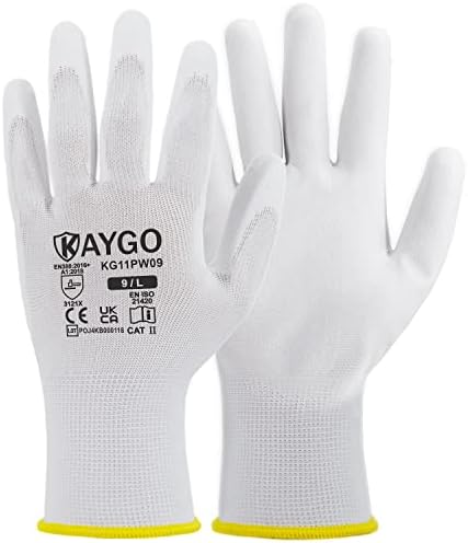 KAYGO Work Gloves PU Coated-12 Pairs, KG11PB, Black Safety Working Gloves with Secure Grip on Palm & Fingers, for Men and Women, Ideal for General Duty Work, Gardening(Large, Black)