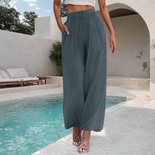 Women's Cotton Linen Pants Summer Drawstring Palazzo Pants Flowy Wide Leg Pants Beach Vacation Clothes with Pockets2