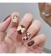 24Pcs， press on nails short， grid design french nails，Square fake nails Brown graffiti and with b...