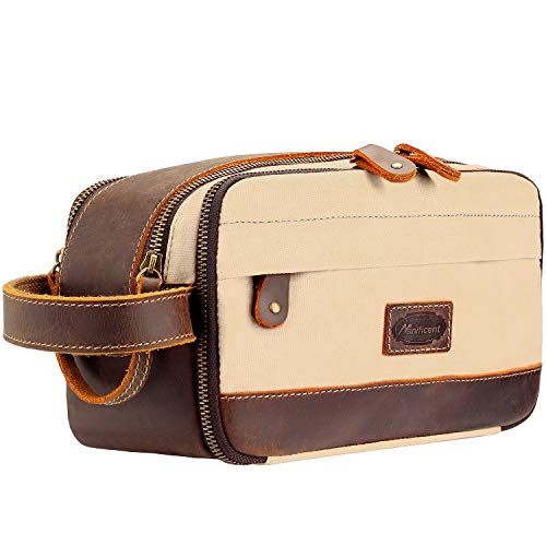 Manificent Leather Toiletry Bag Vintage Waxed Canvas Makeup Travel Organizer Shaving Dopp Kit, Cosmetic Makeup Bag-Beige
