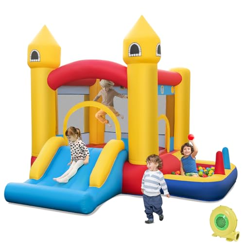 RELAX4LIFE 6 in 1 Castello Gonfiabile 305 x 285 x 240 cm con Soffiatore 480W, Scivolo, Area di Salto e Area Palla, per Esterno e Interno