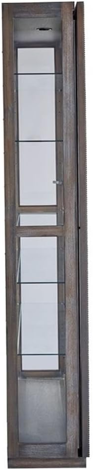 BOWERY HILL Modern Sliding Door Curio Cabinet, Medium Brown Wood, 45.67" W x 16.52" D x 82.01" H, Glass Shelves, Mirrored Back Panel, Interior Lighting, Oak and Ash Veneers for Living Room or Display