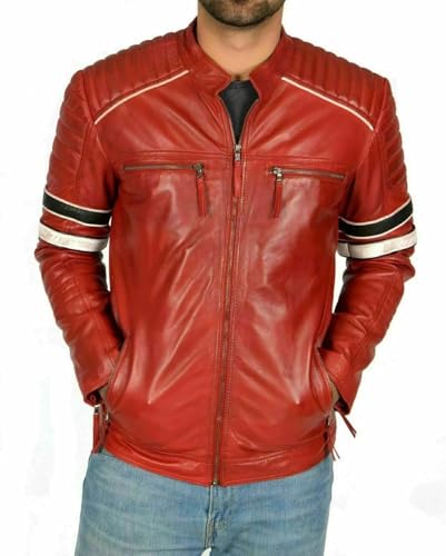 Men's Genuine Red Lambskin Real Leather Slim Fit Biker Motorcycle Jacket