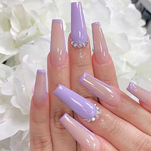 Barbre Press on Nails Long Fake Nails Purple Crystal False Nails Glossy Coffin Acrylic Nails for Womne and Gilrs