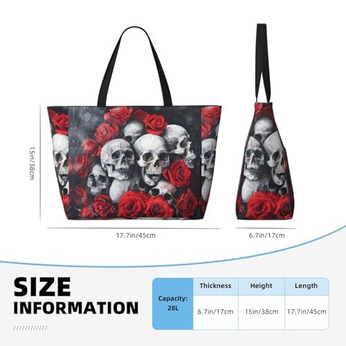 Skull And Red Rose Extra Large Tote Bag For Women,Foldable Beach Bag With Pocket Weekender Travel Overnight Bag4