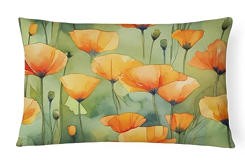 Caroline's Treasures DAC1630PW1216 California California Poppies in Watercolor Fabric Decorative Pillow 100% Machine Washable Pillow, Indoor or Outdoor Decorative Throw Pillow for Couch, Bed or Patio