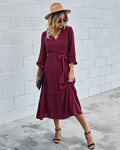 PRETTYGARDEN Women’s Summer V Neck Wrap Vintage Floral Print Short Sleeve Split Belted Flowy Boho Beach Long Dress (Sleeve-Wine Red, Large)