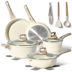 Just Perfecto Induction Cookware Set of Saucepans with Lid – All Heat Sources – Non-Stick Frying Pan – PFOA and PTFE Free – Set with Pans (13 x Biege)