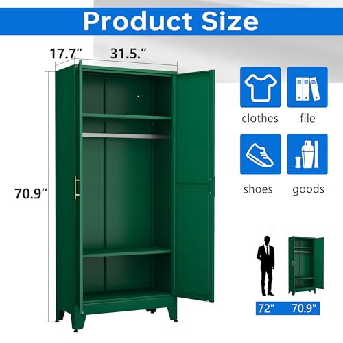 Green-71-Metal-Armoire-Wardrobe-Closet-Bedroom-Clothing-Storage-Cabinet-with-2-Drawers-and-Hanging-Rod-Freestanding-Armoire-Cabinet-with-Adjustable-Shelves Green 71 Metal Armoire Wardrobe Closet Bedroom Clothing Storage Cabinet with 2 Drawers and Hanging Rod Freestanding Armoire Cabinet with Adjustable Shelves