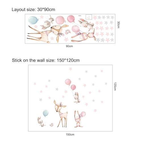 Image of Wall Stickers for Kids Room Baby Nursery Decoration - Woodland Animals Bunny Deer Balloon Decals for Girls Bedroom - Waterproof Removable Self Adhesive Pink Grey Stars Wall Stickers for Room Decor