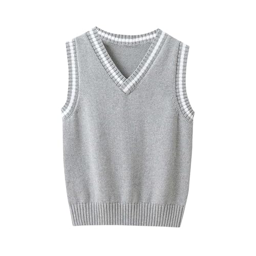 Boys Girls Sweater Vest, V-Neck Sweater Tank Tops Knitted Cotton School Uniform Vest for Winter 3-15 Years Gray