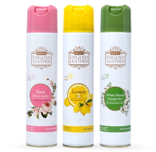 Image of Next Care English Leather Air Freshener Spray 220ml Each | Long Lasting Room Freshener for Home, Office & Car | Odour Eliminator (White Floral, Rose & Lemon)
