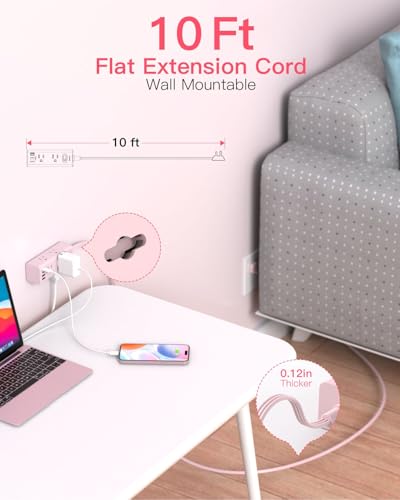 Image of 10Ft Extension Cord with Multiple Outlets,Flat Plug Power Strip Surge Protector with 10 Ft Long Cord,6 Outlet 4 USB Ports (2USB C),Multi Outlet Wall Plug for College,Dorm Essentials(Pink)
