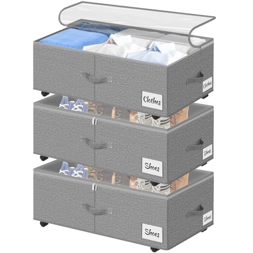 Image of Under Bed Storage with Wheels, 3-Pack 10 inch Height XXL 75L Rolling Storage Bins, Quick Assembly Underbed Shoe Storage Containers with Clear Lid & Label, Dorm Under Bed Drawers for Clothes, Shoes, Grey