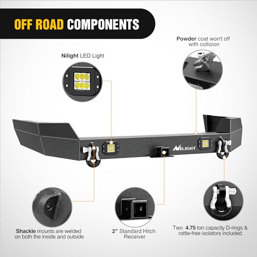 Image of Nilight Rear Bumper Compatible for 1999 2000 2001 2002 2003 2004 Jeep Grand Cherokee WJ with 2 inch Hitch Receiver and 18w LED Light Pods D-rings Textured Black Solid Steel Offroad
