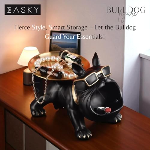 Image of Bulldog Resin Storage Tray | Decorative Dog Statue with Sunglasses | Multifunctional Remote, Key & Coin Holder for Home, Office, Entryway, or Living Room Decor (Black)