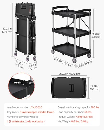 Vevor Carrello Di Servizio 65X39X83Cm Carrello A Mano Multiuso 3 Ripiani Capacità Totale 74,8Kg, Carrello A Portata Con Ruote Girevoli 360° 2 Ruote Con Freni, Carrello Portaoggetti Da Garage Giardino - 7