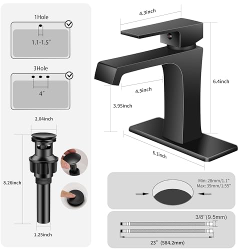 YEUALUQAN Waterfall Bathroom Faucet Black Bathroom Sink Faucet, Modern Single Hole Bathroom Faucet, Single Handle RV Sink Vanity Faucet—Includes Pop-Up Drain, Suitable for 1-Hole or 3-Hole - image 6