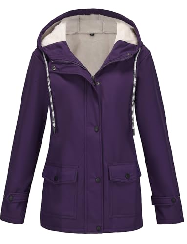 KEOYA Warm Jacket Women Thicken Fleece Lined Parka Jacket Hooded Zipper Waterproof Windbreaker with Pockets Outdoor Hiking Casual Outwear Winter Coat Deep Purple XX-Large