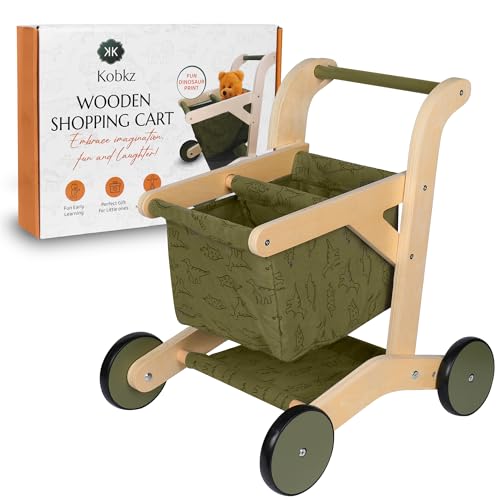 Image of Kobkz Baby Push Walker, Wooden Baby Walker, Baby Shopping Cart, Toddler Walker, Walker For Baby & Toy Storage, 4 Wheels, Safe Rounded Edges, Adjustable Speed, Baby Walker Push Toy, Dinosaur Print