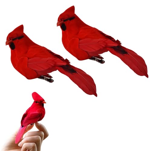 2PCS Artificial Feathered Cardinal Birds Ornament, Realistic Red Birds with Clip Decor for Home, Christmas Tree, Party, 3D Mini Bird Stuffed Craft