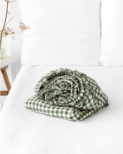 100% Flax Linen Forest Green Gingham Fitted Sheet Twin Size,Breathable