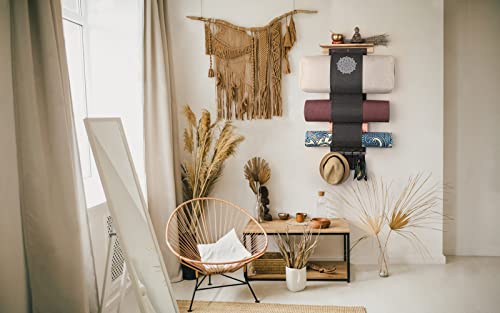 Yoga Mat Holder Wall Mount Yoga Mat Storage Rack with 3 Sizes Easy Access Pocket Wood Floating Shelves and 4 Hooks for Hanging Foam Roller Yoga Mats Yoga Block Resistance Bands Home Gym Accessories Boho Gym Decor (Carbonized Black) - Thumbnail 4