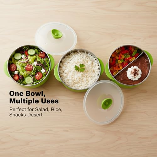 Image of Premium Stainless Steel Bowl Set of 3 | Microwave Safe Bowls with Lids | Mixing & Serving Bowls for Kitchen | Multi-Purpose Serving Bowls for Salad, Rice, Desert, Bowl Set (Green)