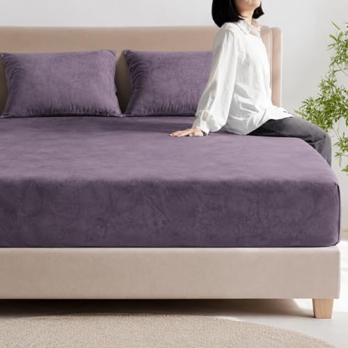 Image of Warm Flannel (Flano) King Size Winter Fitted Bedsheet | All Side Elastic Premium Winter Soft Velvet Furnishing Bed Sheet with 2 Big Pillow Cover Size - 72 x 78 X 8 Inches Solid Lavender