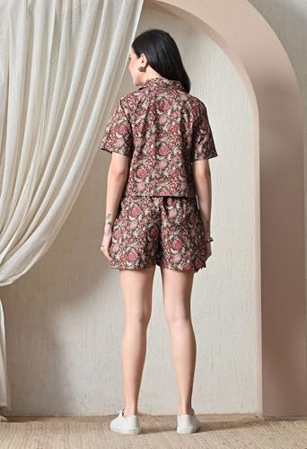 Image of Women Cotton Pajama Set Shirt & Shorts | Co-Ord Night Suit Soft Breathable Printed Sleepwear Lounge Wear Comfortable