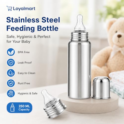 Image of Stainless Steel Baby Feeding Bottle Baby Feeder 250ml BPA Free No Plastic Contact Hygienic Safe Use Soft Silicone Nipple And Leak Resistant Infant Milk Bottle for Newborn & Babies (Silver, 250ml)