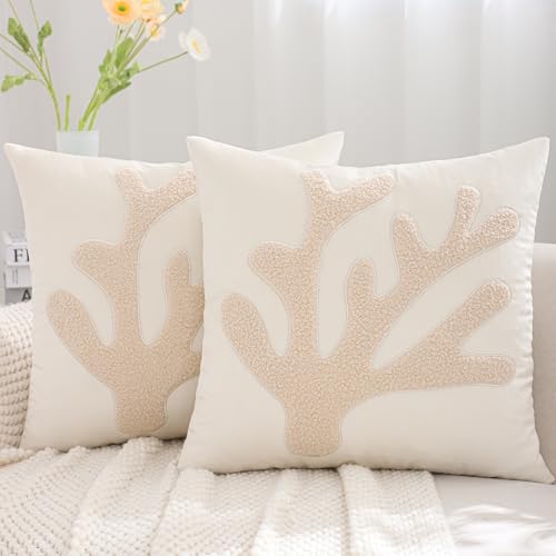 Tosleo Coastal Pillow Covers 18x18 Pack of 2 Beach Sea Coral Embroidered Throw Pillow Covers Beige Velvet Pillow Cushion Cases Farmhouse Decor Ocean Themed Cushion Covers for Spring Summer