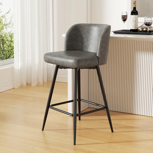 Image of Swivel Bar Stools, 26 inch Counter Height Bar Stools with High Back and Metal Legs, Faux Leather Bar Chairs, Modern Barstools for Kitchen Island, Light Grey