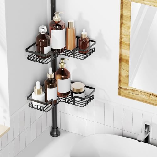 ZUNTO Tension Pole Shower Caddy Corner for Bathroom, Adjustable 25in-114in Floor to Ceiling, Standing Shower Tension Rod Organizer, 4 Tier Storage Shelves with Hooks, Black by ZUNTO - Image 7