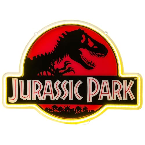 Image of Silver Buffalo Jurassic Park LED Neon Wall Art Die Cut 19 inch x .59 inch x 14 inch | Tyrannosaurus rex logo design, LED neon tube accents, Ready to display decor piece, Boxed presentation packaging