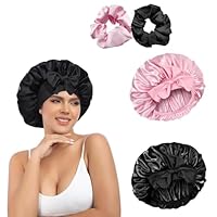 2 Stück Seidenhaube, Schlafhaube Seide, Verstellbar Satin Haarhaube, Silk Bonnet Sleep Cap, Damen Mädchen Atmungsaktive Schlafkappe Duschhauben, mit 2 Stück Satin Haargummis,für Verschiedene Haartypen