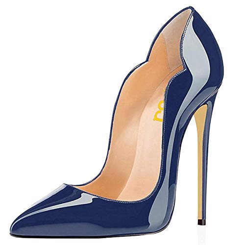 FSJ Women Classic Pointed Toe High Heels Sexy Stiletto Pumps Office Lady Dress Shoes Size 5 Navy-Patent