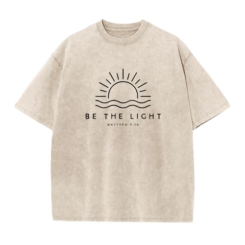 Hiehiety Boys Christian Be The Light Shirts Jesus God Religious Faith Bible Verse Kids Vintage Acid Wash T Shirt Graphic Tees(Apricot 11-12 Years)