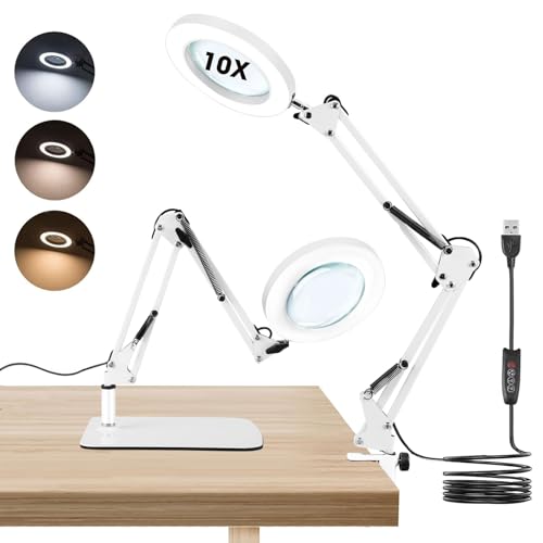 Towwoo Lampada con Lente d'Ingrandimento, 10X Lente d'ingrandimento da Tavolo con Luce e Supporto, 72 LED Dimmerabili, 3 Colore e 10 Livelli di Luminosità, per Lettura, Riparazione, Artigianato